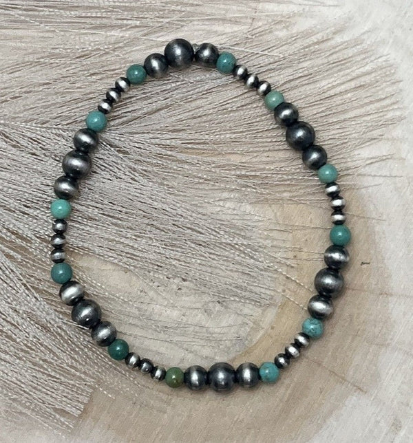 Desert Pearls & Green Turquoise Graduated Stretch Bracelet - Sunset TQ Mountain