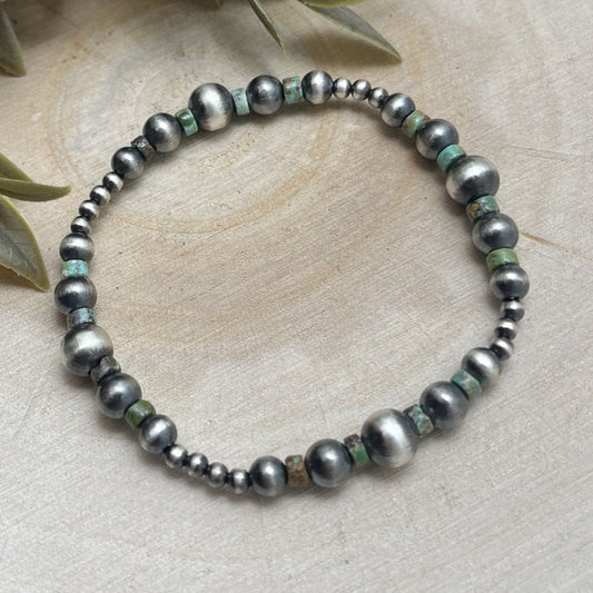 Desert Pearls & Green Turquoise Graduated Stretch Bracelet - Sunset TQ Mountain