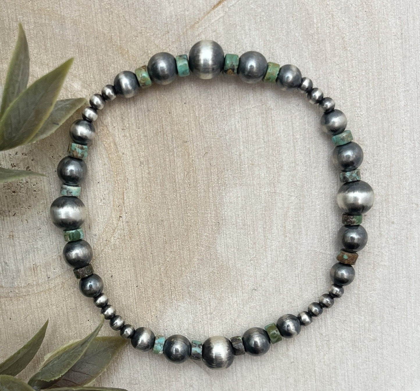 Desert Pearls & Green Turquoise Graduated Stretch Bracelet - Sunset TQ Mountain