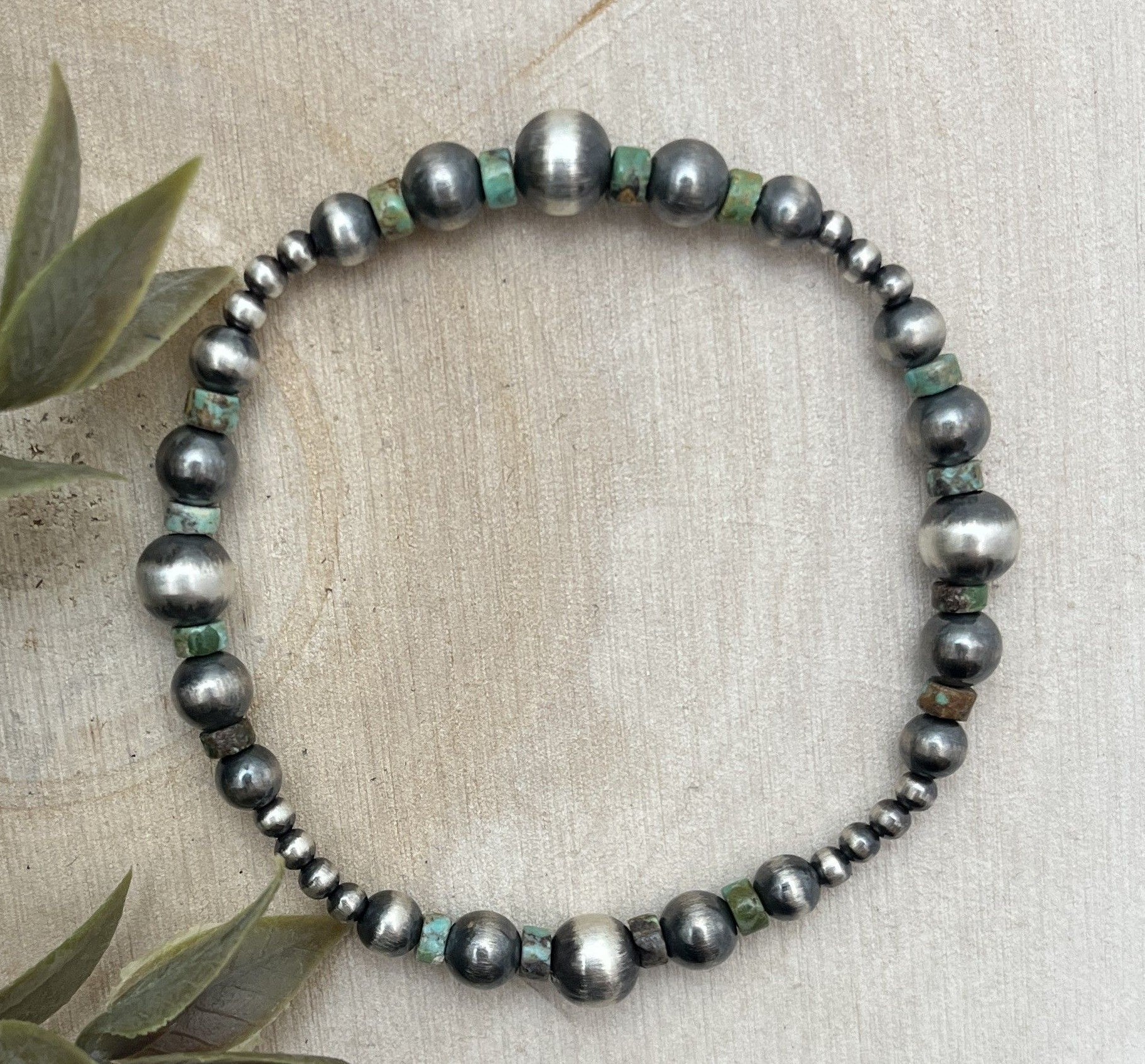 Desert Pearls & Green Turquoise Graduated Stretch Bracelet - Sunset TQ Mountain
