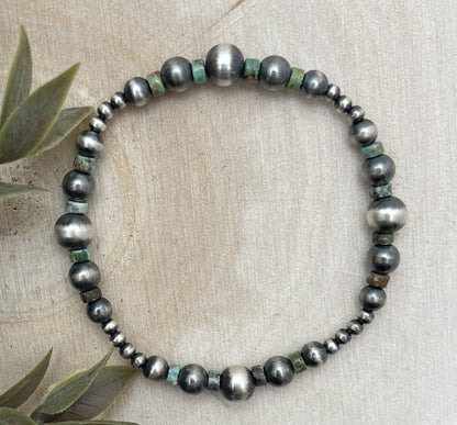 Desert Pearls & Green Turquoise Graduated Stretch Bracelet - Sunset TQ Mountain