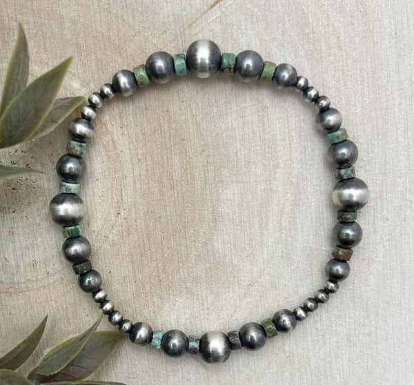 Desert Pearls & Green Turquoise Graduated Stretch Bracelet - Sunset TQ Mountain