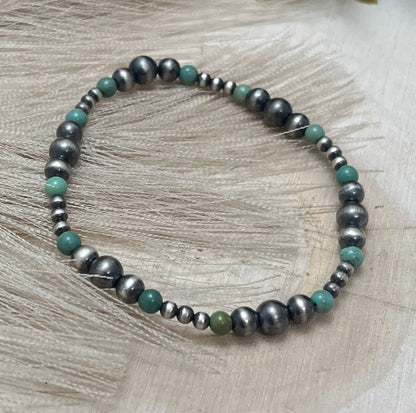 Desert Pearls & Green Turquoise Graduated Stretch Bracelet - Sunset TQ Mountain