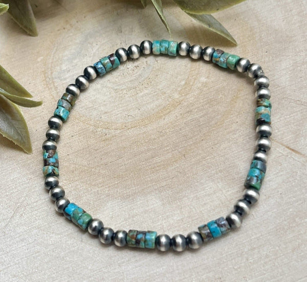 Desert Pearls & Green Turquoise Heishi Stretch Bracelet - Sunset TQ Mountain
