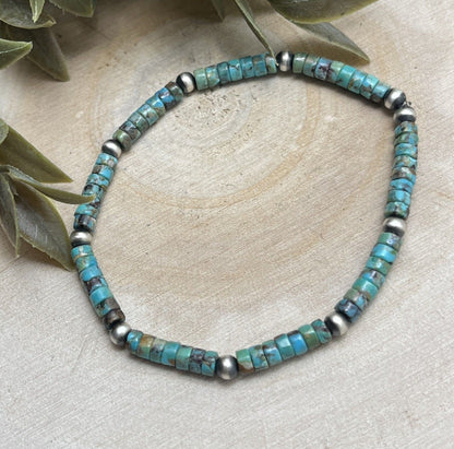 Desert Pearls & Green Turquoise Stretch Bracelet - Sunset TQ Mountain