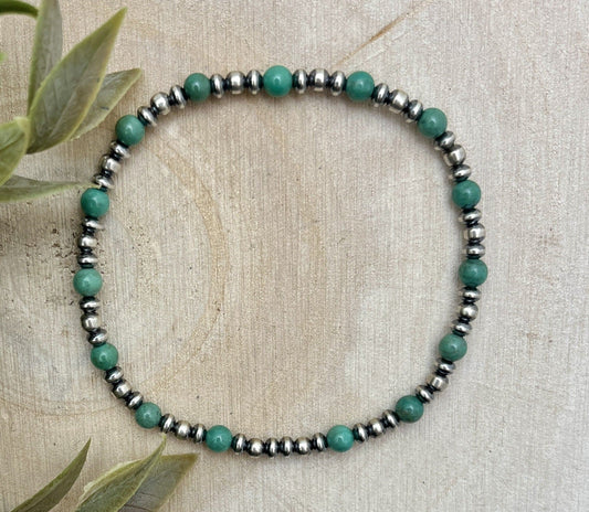 Desert Pearls & Green Turquoise Stretch Bracelet - Sunset TQ Mountain