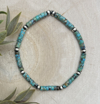 Desert Pearls & Green Turquoise Stretch Bracelet - Sunset TQ Mountain