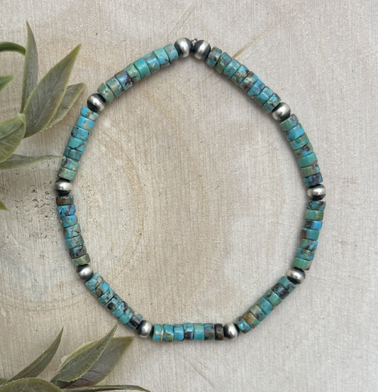 Desert Pearls & Green Turquoise Stretch Bracelet - Sunset TQ Mountain