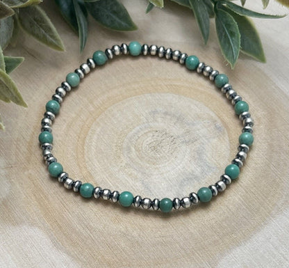 Desert Pearls & Green Turquoise Stretch Bracelet - Sunset TQ Mountain