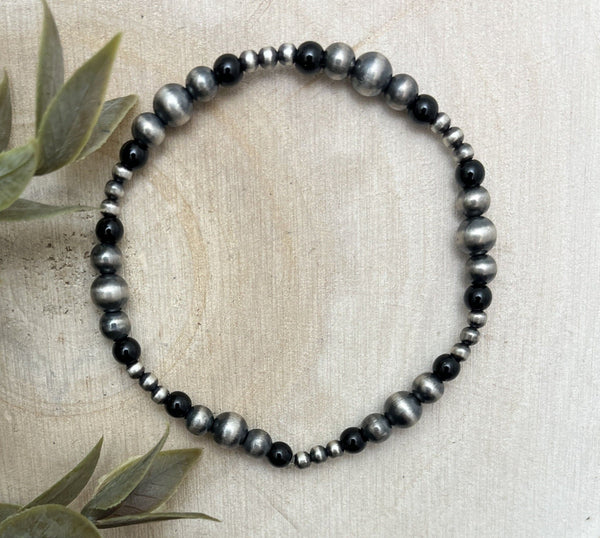 Desert Pearls & Onyx Graduated Stretch Bracelet - Sunset TQ Mountain