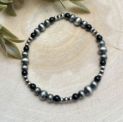 Desert Pearls & Onyx Graduated Stretch Bracelet - Sunset TQ Mountain