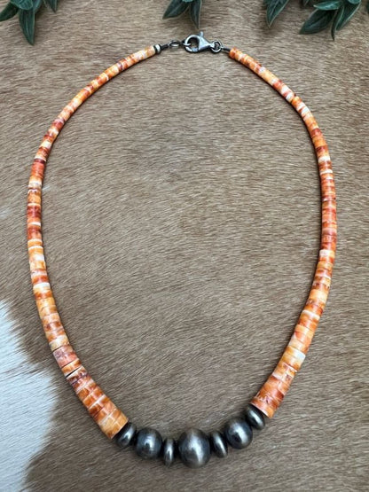 Desert Pearls & Orange Spiny Oyster Necklace - Sunset TQ Mountain
