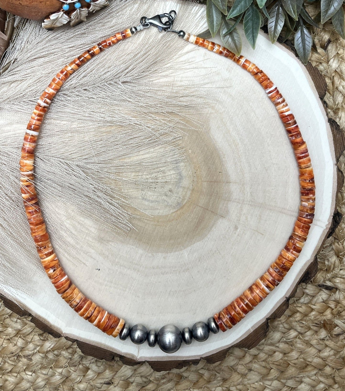 Desert Pearls & Orange Spiny Oyster Necklace - Sunset TQ Mountain
