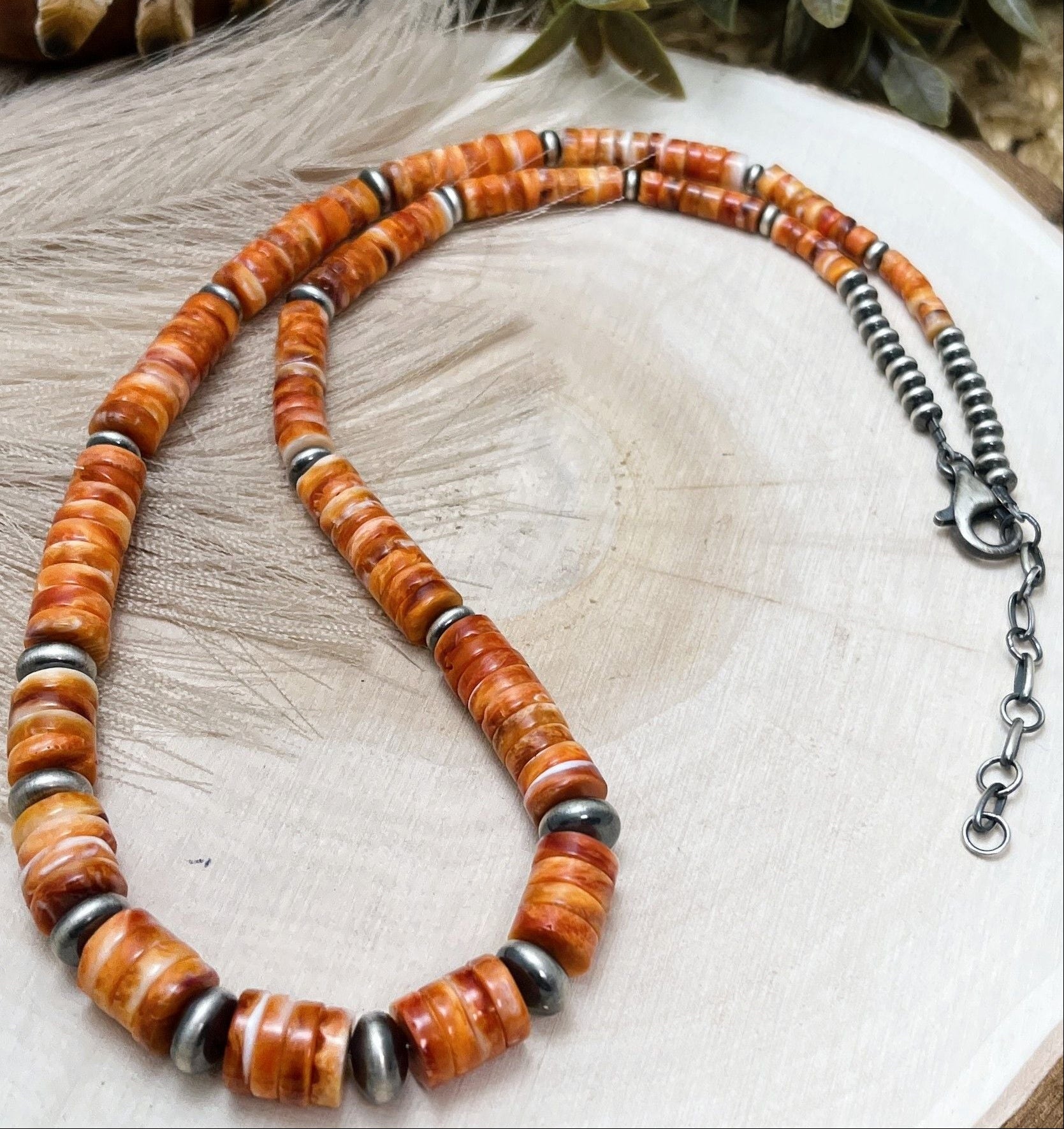 Desert Pearls & Orange Spiny Oyster Necklace - Sunset TQ Mountain