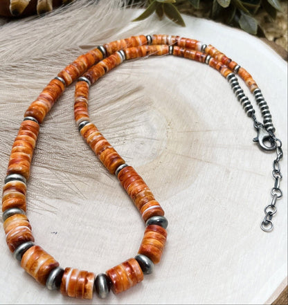 Desert Pearls & Orange Spiny Oyster Necklace - Sunset TQ Mountain