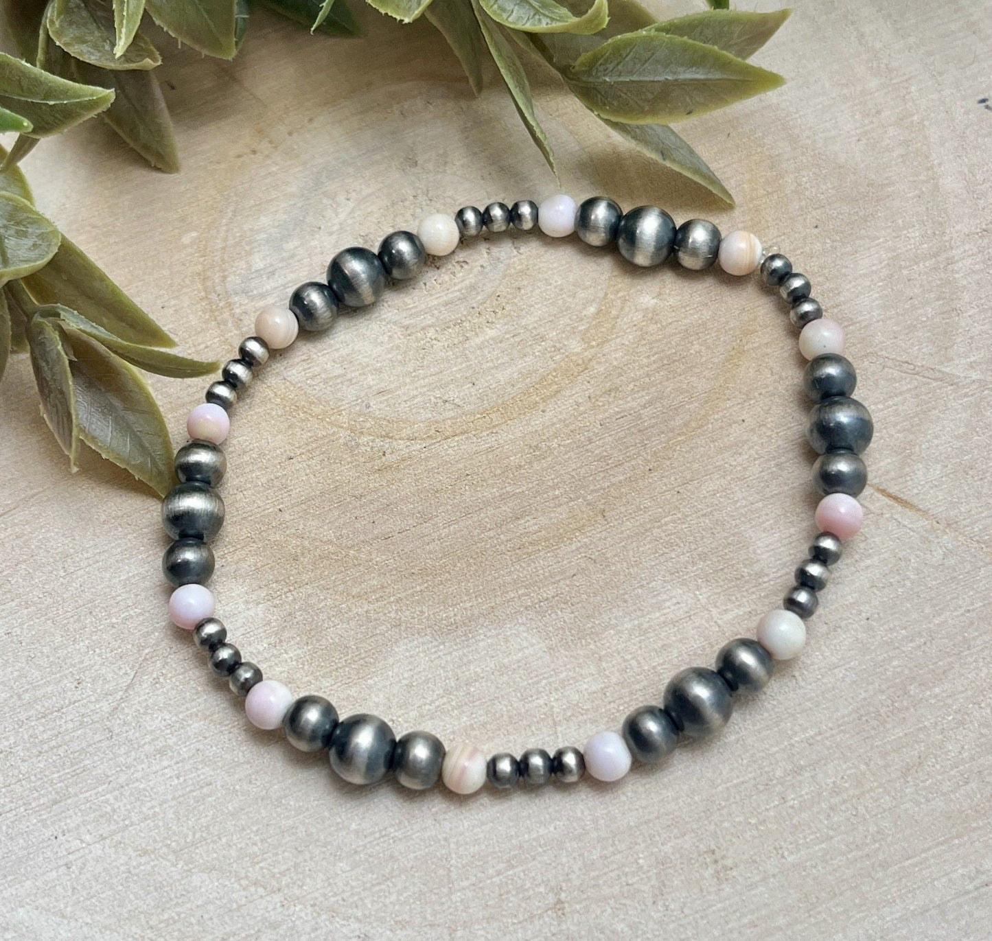 Desert Pearls & Pink Conch Graduated Stretch Bracelet - Sunset TQ Mountain