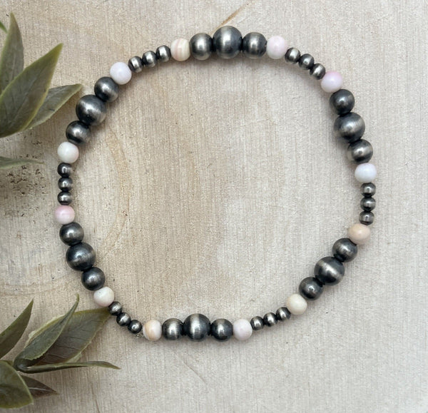 Desert Pearls & Pink Conch Graduated Stretch Bracelet - Sunset TQ Mountain