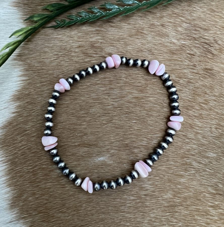 Desert Pearls & Pink Conch Nuggets Stretch Bracelet - Sunset TQ Mountain