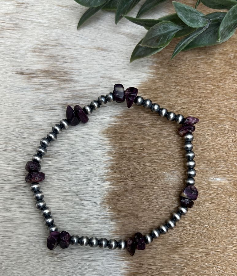 Desert Pearls & Purple Spiny Nuggets Stretch Bracelet - Sunset TQ Mountain
