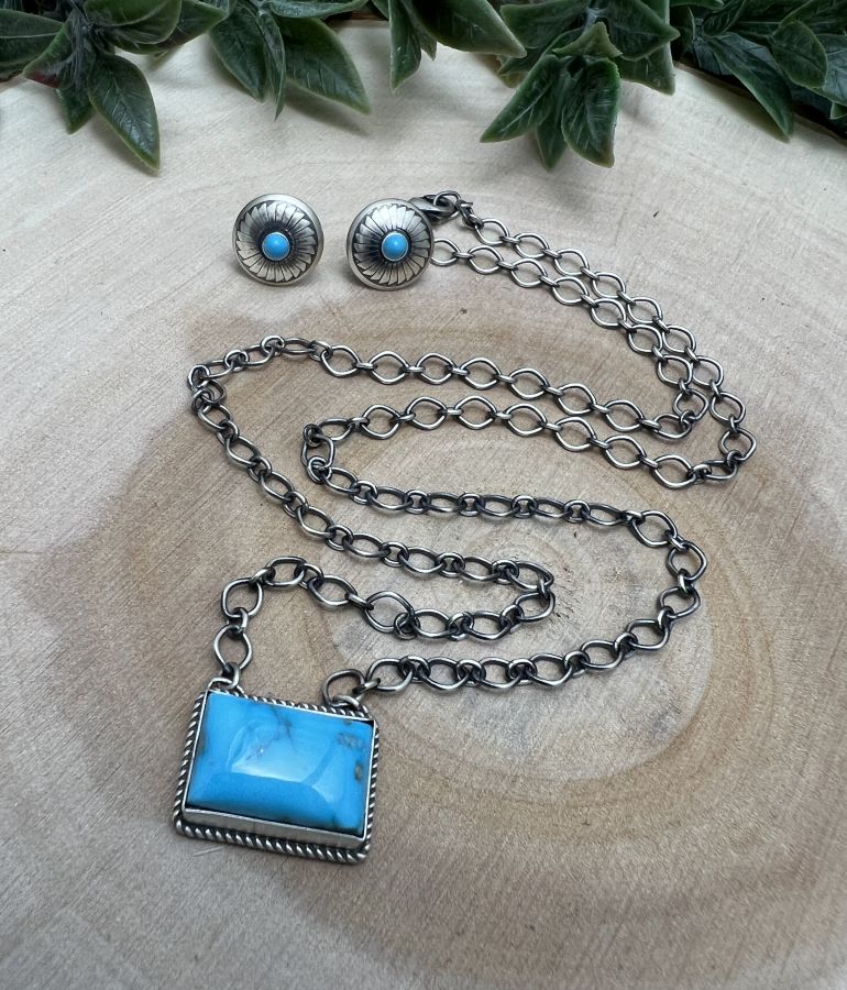 Dwight & Delayne Nez Turquoise Bar Necklace & Concho Earring Set - Sunset TQ Mountain