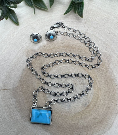 Dwight & Delayne Nez Turquoise Bar Necklace & Concho Earring Set - Sunset TQ Mountain