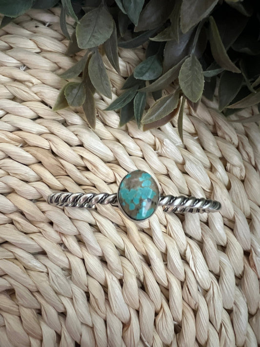 Elaine Tahe Navajo Artist Turquoise and Silver Twisted Wire Bracelet - Sunset TQ Mountain
