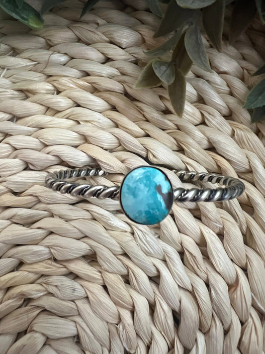 Elaine Tahe Navajo Artist Turquoise and Silver Twisted Wire Bracelet - Sunset TQ Mountain