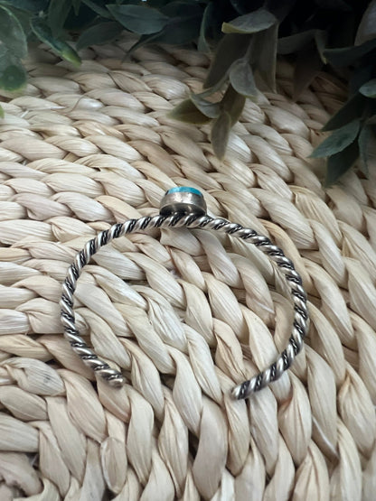 Elaine Tahe Navajo Artist Turquoise and Silver Twisted Wire Bracelet - Sunset TQ Mountain