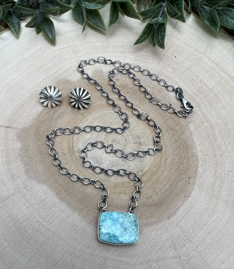 Gloria Rios Whitewater Turquoise Bar Necklace & Concho Earring Set - Sunset TQ Mountain