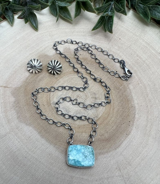 Gloria Rios Whitewater Turquoise Bar Necklace & Concho Earring Set - Sunset TQ Mountain