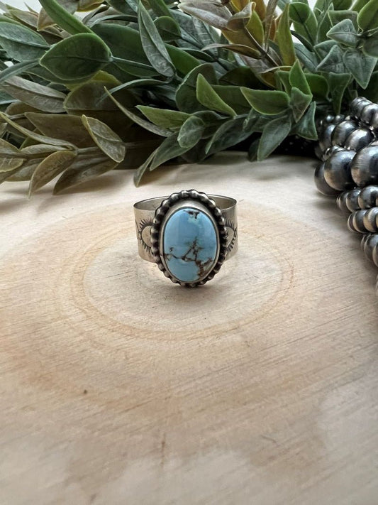 Golden Hills Turquoise Ring - 11mm Wide Band with Native Stamping - Sunset TQ Mountain