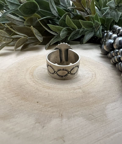Golden Hills Turquoise Ring - 11mm Wide Band with Native Stamping - Sunset TQ Mountain