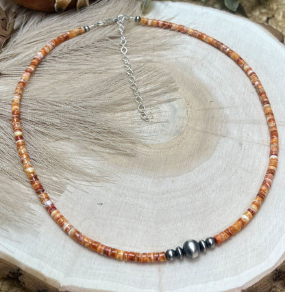 Graduated Silver Desert Pearls & Spiny Oyster Shell Heishi Necklace - Sunset TQ Mountain