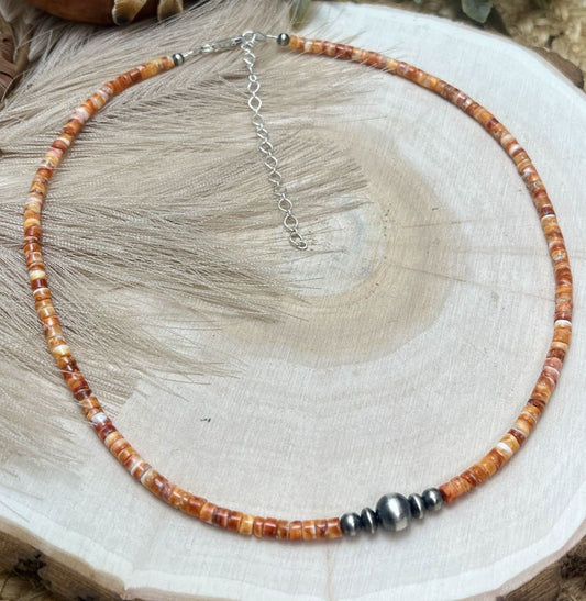 Graduated Silver Desert Pearls & Spiny Oyster Shell Heishi Necklace - Sunset TQ Mountain