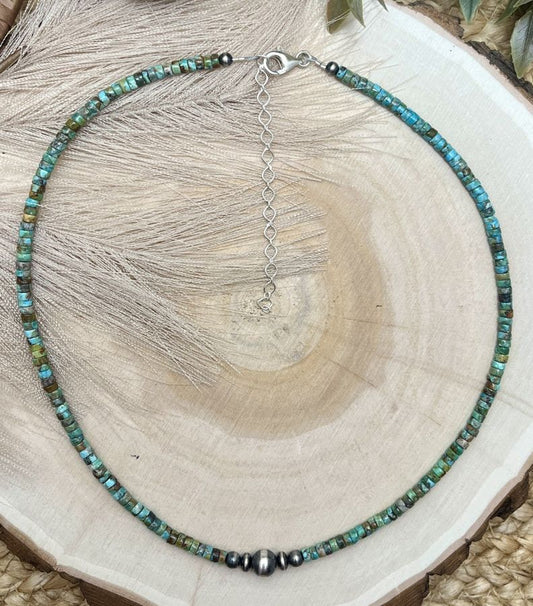 Graduated Silver Desert Pearls & Turquoise Heishi Necklace - Sunset TQ Mountain