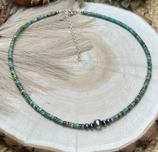 Graduated Silver Desert Pearls & Turquoise Heishi Necklace - Sunset TQ Mountain