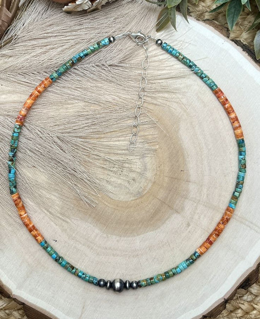 Graduated Silver Desert Pearls & Turquoise Spiny Oyster Shell Heishi Necklace - Sunset TQ Mountain