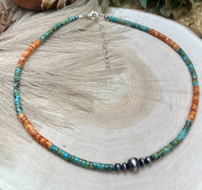 Graduated Silver Desert Pearls & Turquoise Spiny Oyster Shell Heishi Necklace - Sunset TQ Mountain