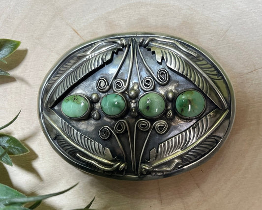 Green Sonoran Turquoise and Feather Buckle - Sunset TQ Mountain