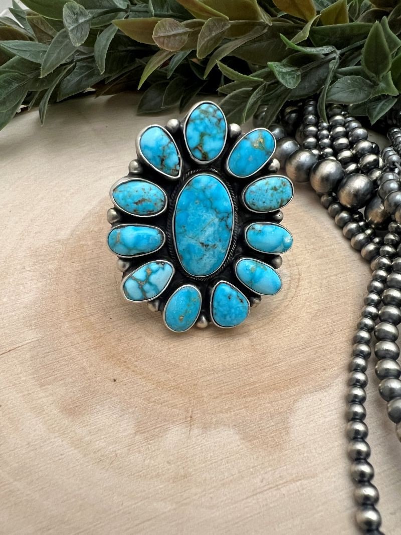 Kingman Turquoise Cluster Ring By Kathleen Livingston - Sunset TQ Mountain