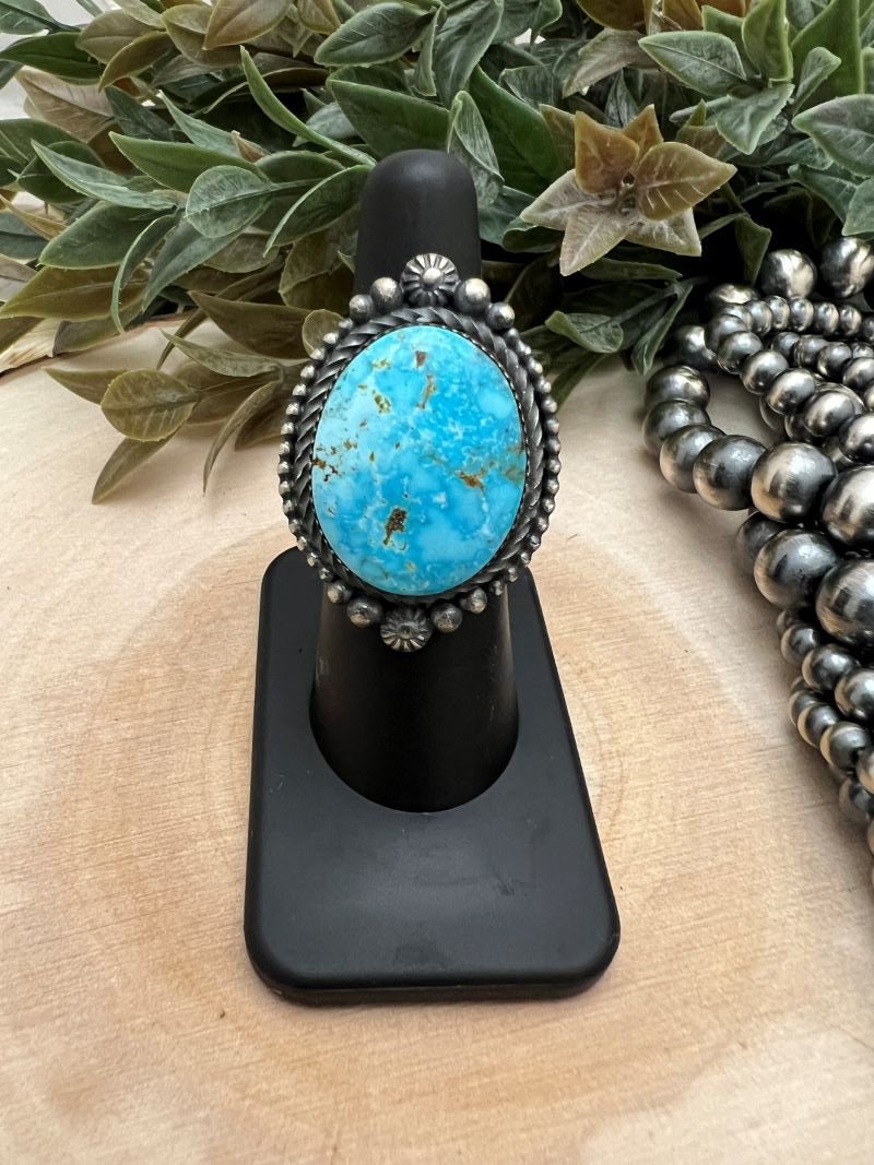 Kingman Turquoise Oval Ring by Eli Skeets - Sunset TQ Mountain