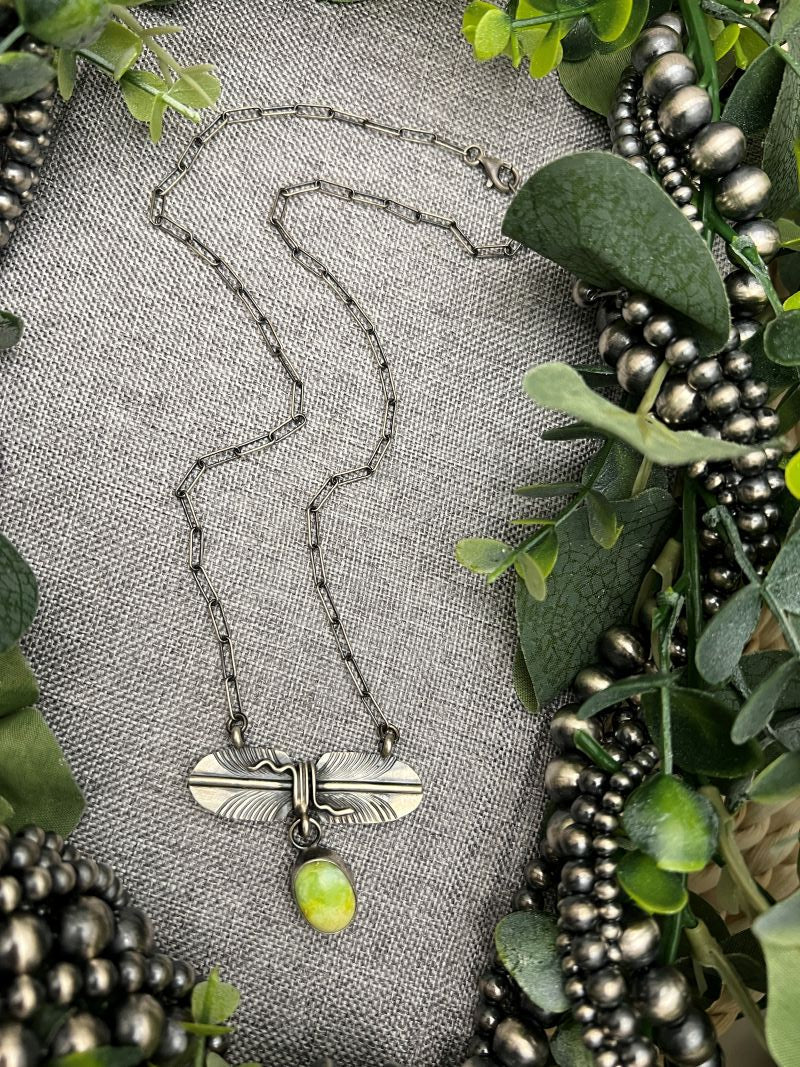 Kobe Martinez Palomino and Feather Oval Bar Necklace - Sunset TQ Mountain