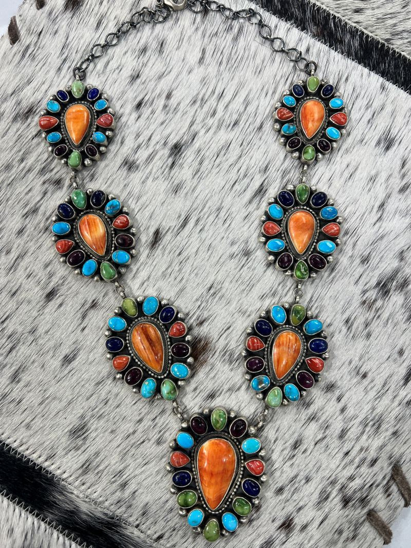 Multi Color Turquoise, Spiny and Lapis Cluster Necklace - Sunset TQ Mountain