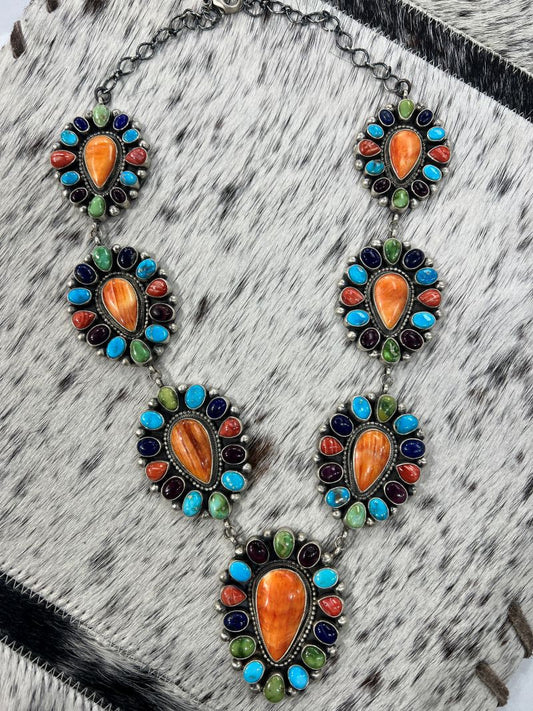 Multi Color Turquoise, Spiny and Lapis Cluster Necklace - Sunset TQ Mountain