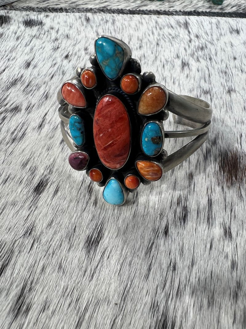 Multi Stone Turquoise and Spiny Oyster Cluster Bracelet - Sunset TQ Mountain
