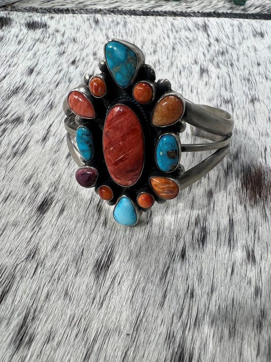 Multi Stone Turquoise and Spiny Oyster Cluster Bracelet - Sunset TQ Mountain