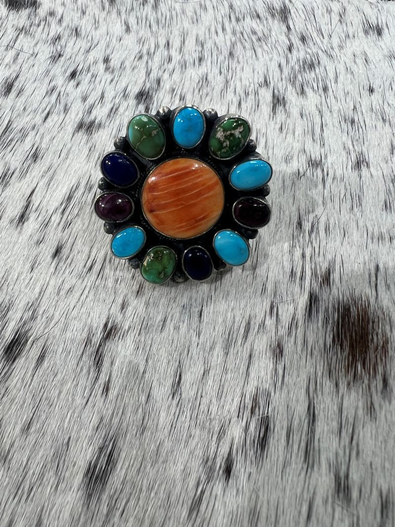 Multi Stone Turquoise, Spiny Oyster and Lapis Cluster Rings - Sunset TQ Mountain