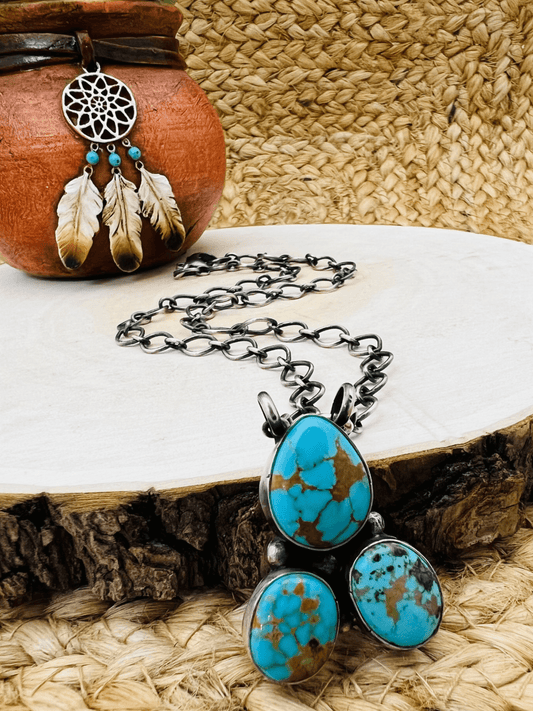 Navajo Artist 3 Stone Turquoise Bar Necklace 18" Chain Oxidized Sterling Silver - Sunset TQ Mountain