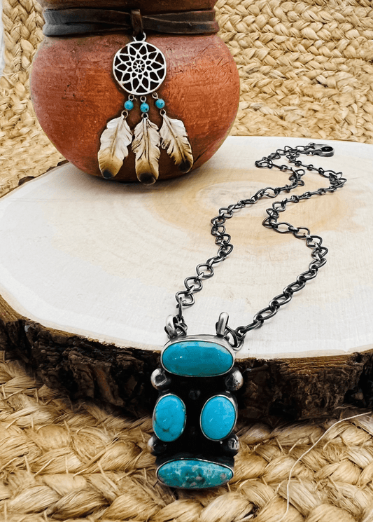 Navajo Artist 4 Stone Turquoise Bar Necklace 19" Chain Oxidized Sterling Silver - Sunset TQ Mountain