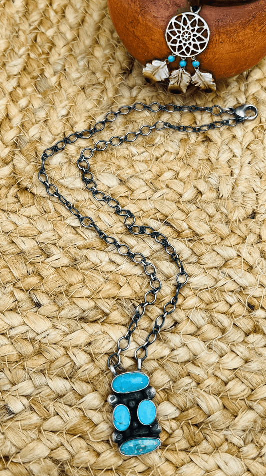Navajo Artist 4 Stone Turquoise Bar Necklace 19" Chain Oxidized Sterling Silver - Sunset TQ Mountain